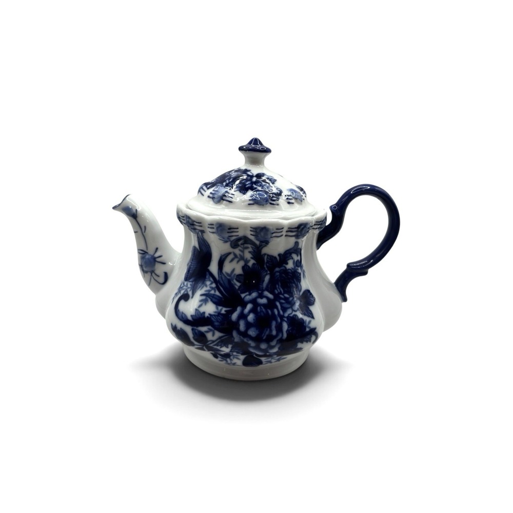 Tea Pot Scalloped Rim Flowered Porcelain, Cobalt Blue And White Cottage Granny